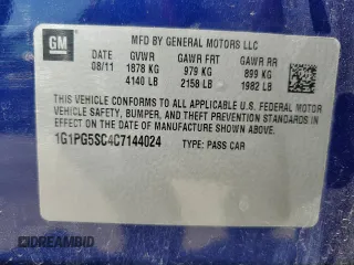 2012 Chevrolet Cruze 2LT with VIN 1G1PG5SC4C7144024, listed as a Copart auction lot 53808875 with 162,114 mi miles and Salvage Title. Bid and sale history available at DreamBid. Image 12.