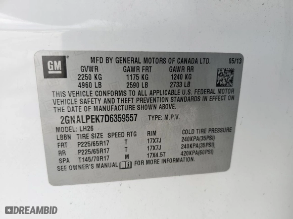 2013 Chevrolet Equinox LT with VIN 2GNALPEK7D6359557, listed as a Copart auction lot 52957895 with 190,560 mi miles and Clean Title. Bid and sale history available at carsss.com. Image 13.