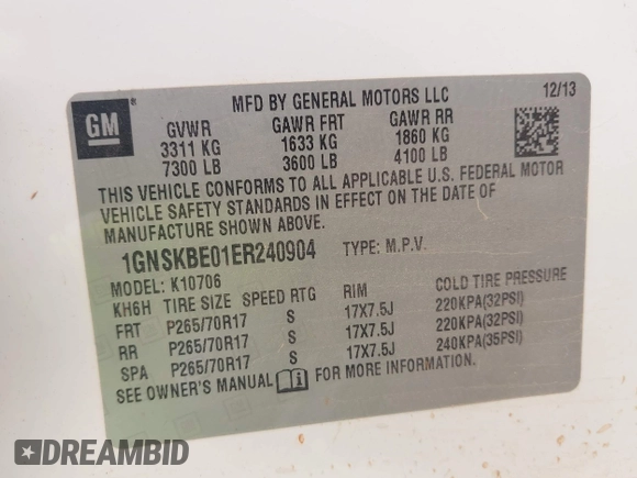2014 Chevrolet Tahoe LT with VIN 1GNSKBE01ER240904, listed as a IAAI auction lot 42277461 with 176,745 mi miles and . Bid and sale history available at DreamBid. Image 9.