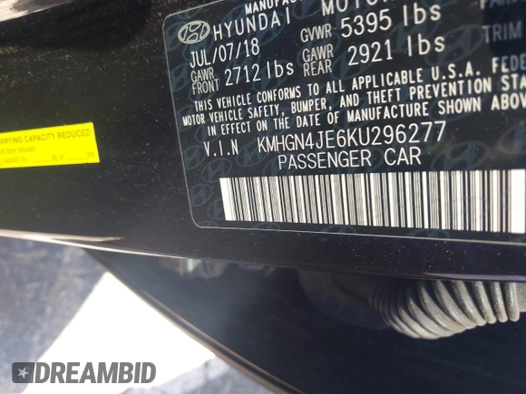 2019 Genesis G80 3.8L with VIN KMHGN4JE6KU296277, listed as a IAAI auction lot 42826288 with 57,471 mi miles and . Bid and sale history available at DreamBid. Image 9.
