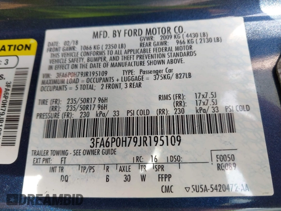 2018 Ford Fusion SE z VIN 3FA6P0H79JR195109, wystawiony jako IAAI lot #41664930 z przebiegiem 105 374 mil mil oraz . Historia ofert i sprzedaży dostępna na DreamBid. Obrazek 9.