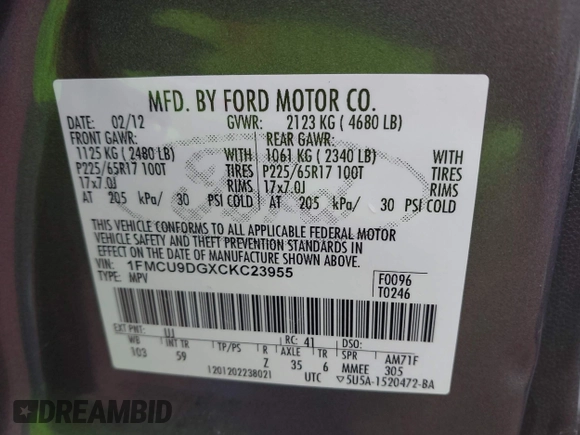 2012 Ford Escape XLT with VIN 1FMCU9DGXCKC23955, listed as a IAAI auction lot 42277339 with 181,738 mi miles and . Bid and sale history available at DreamBid. Image 9.