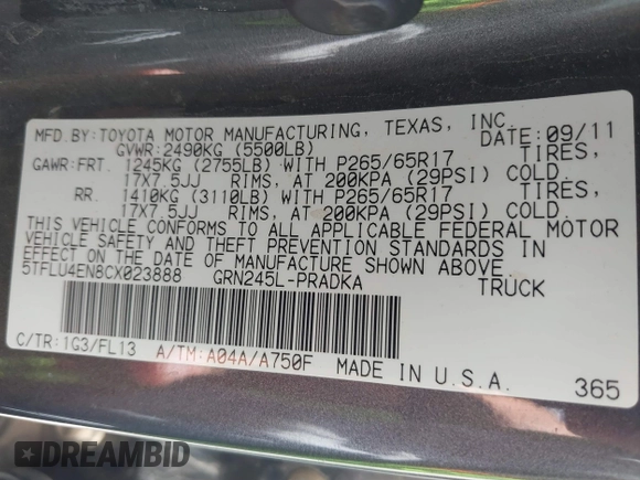 2012 Toyota Tacoma z VIN 5TFLU4EN8CX023888, wystawiony jako IAAI lot #42545349 z przebiegiem 118 369 mil mil oraz . Historia ofert i sprzedaży dostępna na DreamBid. Obrazek 9.