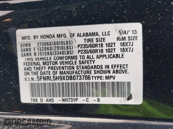 2013 Honda Odyssey Touring with VIN 5FNRL5H9XDB073706, listed as a IAAI auction lot 41591111 with 158,305 mi miles and . Bid and sale history available at carsss.com. Image 9.