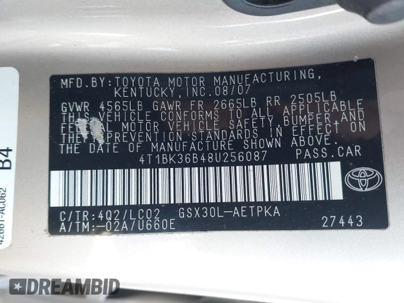 2008 Toyota Avalon XL z VIN 4T1BK36B48U256087, wystawiony jako IAAI lot #42186677 z przebiegiem 191 974 mil mil oraz . Historia ofert i sprzedaży dostępna na DreamBid. Obrazek 9.
