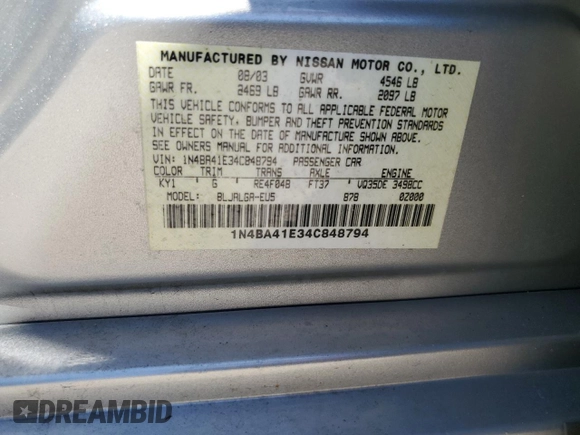 2004 Nissan Maxima SL with VIN 1N4BA41E34C848794, listed as a Copart auction lot 57306645 with 91,834 mi miles and Salvage title. Bid and sale history available at DreamBid. Image 13.