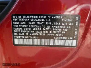 2015 Volkswagen Passat 1.8T Limited Edition with VIN 1VWAT7A3XFC062734, listed as a Copart auction lot 87294834 with 0 mi miles and Salvage Title. Bid and sale history available at carsss.com. Image 12.