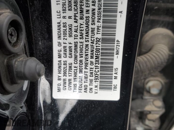 2021 Honda Civic Sedan EX with VIN 19XFC1F3XME001792, listed as a Copart auction lot 47499455 with 55,902 mi miles and Salvage Title. Bid and sale history available at carsss.com. Image 14.