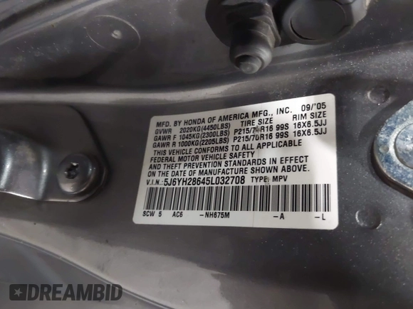 2005 Honda Element EX with VIN 5J6YH28645L032708, listed as a IAAI auction lot 42029200 with 198,064 mi miles and . Bid and sale history available at DreamBid. Image 9.