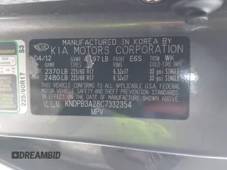 2012 Kia Sportage LX with VIN KNDPB3A28C7332354, listed as a IAAI auction lot 41933058 with 75,938 mi miles. Bid and sale history available at carsss.com. Image 9.