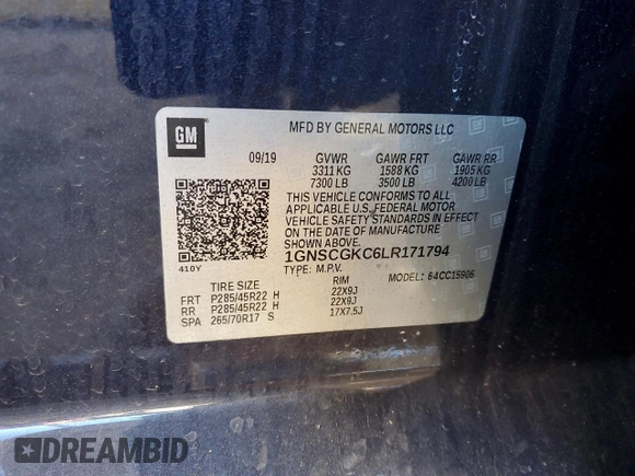 2020 Chevrolet Suburban LS with VIN 1GNSCGKC6LR171794, listed as a Copart auction lot 88450595 with 115,501 mi miles and Salvage title. Bid and sale history available at DreamBid. Image 12.