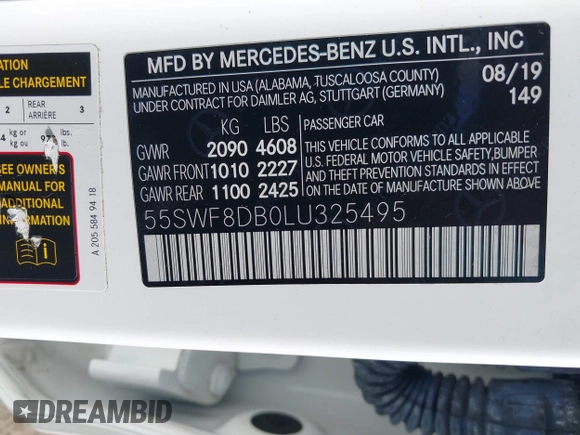 2020 Mercedes-Benz C 300 with VIN 55SWF8DB0LU325495, listed as a IAAI auction lot 42300359 with 41,872 mi miles and . Bid and sale history available at DreamBid. Image 9.