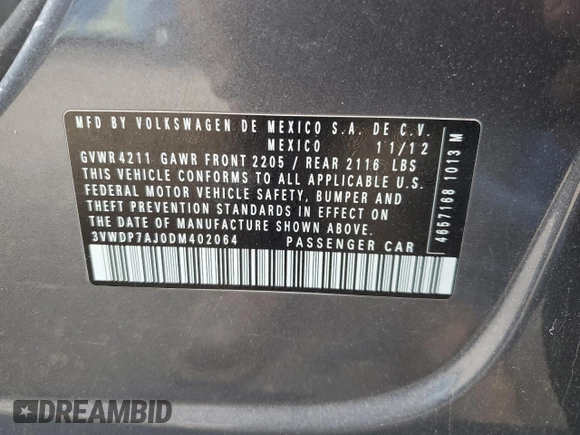 2013 Volkswagen Jetta SE with VIN 3VWDP7AJ0DM402064, listed as a Copart auction lot 55100605 with 177,818 mi miles and Non repairable. Bid and sale history available at DreamBid. Image 12.