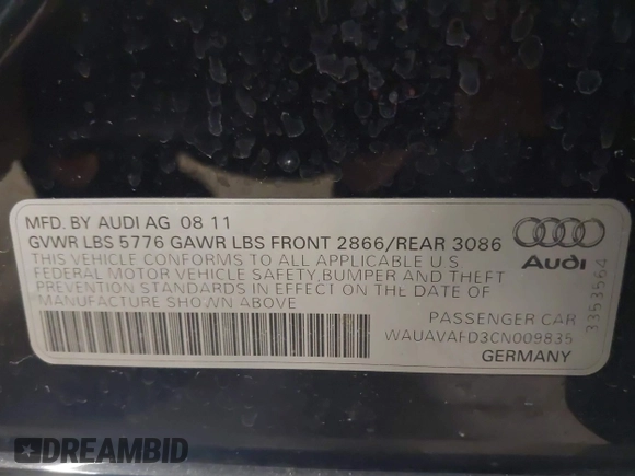 2012 Audi A8 with VIN WAUAVAFD3CN009835, listed as a IAAI auction lot 41816293 with Not provided miles and . Bid and sale history available at DreamBid. Image 9.