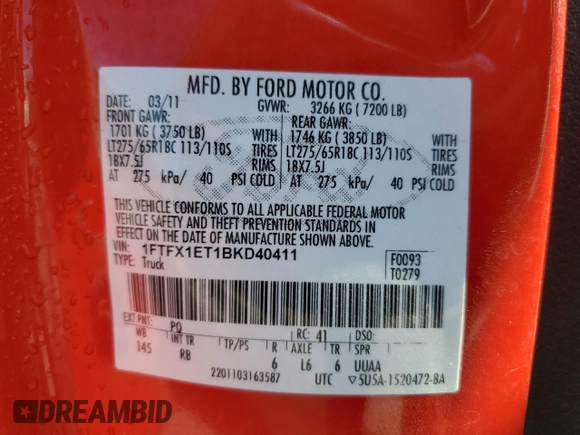 2011 Ford F-150 XL with VIN 1FTFX1ET1BKD40411, listed as a Copart auction lot 43719985 with 275,656 mi miles and Salvage Title. Bid and sale history available at carsss.com. Image 12.