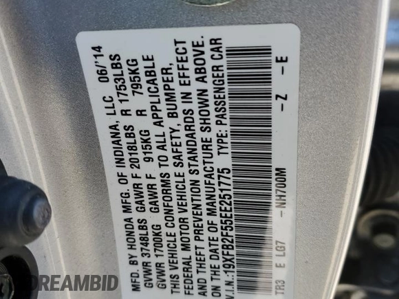 2014 Honda Civic Sedan LX with VIN 19XFB2F55EE251775, listed as a Copart auction lot 50486415 with 44,277 mi miles and Salvage Title. Bid and sale history available at carsss.com. Image 12.