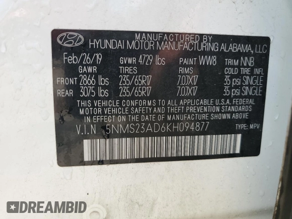2019 Hyundai Santa Fe SE z VIN 5NMS23AD6KH094877, wystawiony jako Copart lot #58209485 z przebiegiem 77 142 mil mil oraz Szkoda całkowita • Salvage title. Historia ofert i sprzedaży dostępna na DreamBid. Obrazek 14.