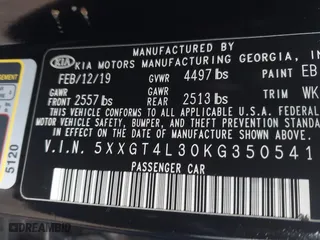 2019 Kia Optima LX with VIN 5XXGT4L30KG350541, listed as a IAAI auction lot 41908755 with 47,085 mi miles. Bid and sale history available at carsss.com. Image 9.