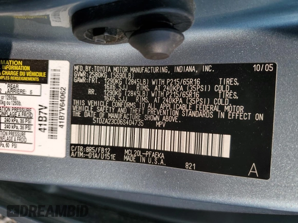 2006 Toyota Sienna CE z VIN 5TDZA23C06S404735, wystawiony jako Copart lot #59205165 z przebiegiem 185 309 mil mil oraz Szkoda całkowita • Salvage title. Historia ofert i sprzedaży dostępna na DreamBid. Obrazek 14.