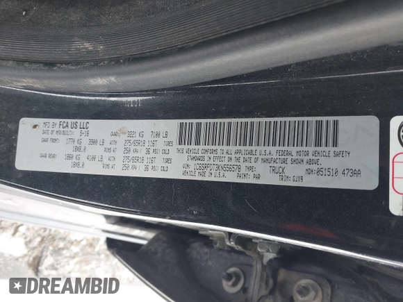 2019 Ram 1500 Laramie with VIN 1C6SRFDT3KN556578, listed as a IAAI auction lot 41444514 with 91,365 mi miles. Bid and sale history available at carsss.com. Image 9.
