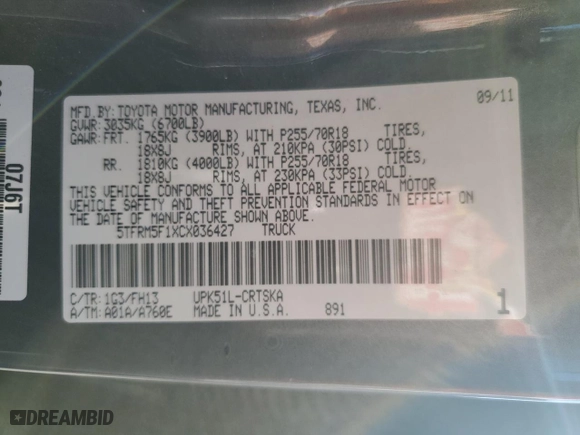 2012 Toyota Tundra 2WD Truck with VIN 5TFRM5F1XCX036427, listed as a Copart auction lot 87489464 with 132,654 mi miles and Salvage Title. Bid and sale history available at carsss.com. Image 14.