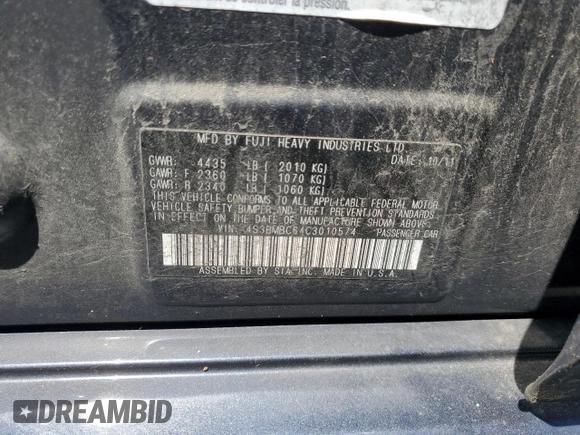 2012 Subaru Legacy Premium with VIN 4S3BMBC64C3010574, listed as a Copart auction lot 61754625 with 133,897 mi miles and Salvage title. Bid and sale history available at DreamBid. Image 12.