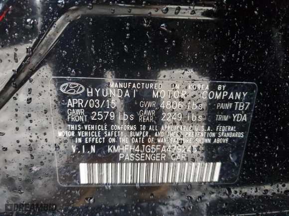 2015 Hyundai Azera Limited with VIN KMHFH4JG5FA479245, listed as a Copart auction lot 44920325 with 78,710 mi miles and Salvage Title. Bid and sale history available at carsss.com. Image 12.