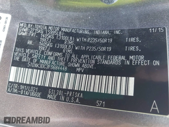 2015 Toyota Sienna SE with VIN 5TDXK3DC3FS684448, listed as a IAAI auction lot 42629958 with 125,645 mi miles and . Bid and sale history available at DreamBid. Image 9.