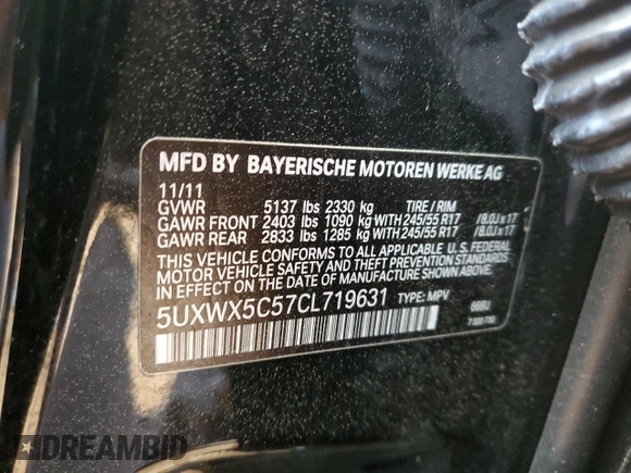 2012 BMW X3 28i with VIN 5UXWX5C57CL719631, listed as a Copart auction lot 51429585 with 196,283 mi miles and Salvage Title. Bid and sale history available at DreamBid. Image 15.