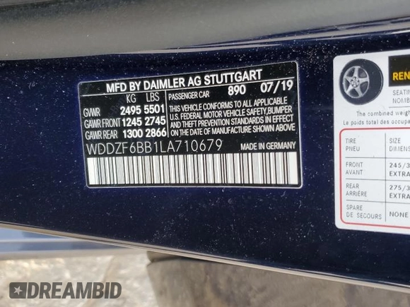 2020 Mercedes-Benz E AMG E 53 with VIN WDDZF6BB1LA710679, listed as a Copart auction lot 42975185 with Not Provided miles and Salvage Title. Bid and sale history available at carsss.com. Image 14.