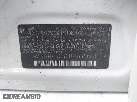 2011 BMW 3 Series 328i xDrive with VIN WBAPK5C50BA655878, listed as a IAAI auction lot 42780068 with 95,950 mi miles and . Bid and sale history available at DreamBid. Image 9.