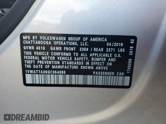 2016 Volkswagen Passat 1.8T S with VIN 1VWAT7A35GC054655, listed as a Copart auction lot 48887815 with 140,562 mi miles and Salvage Title. Bid and sale history available at carsss.com. Image 12.