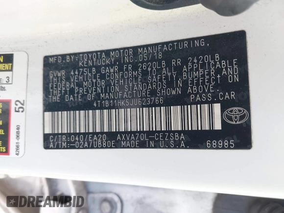 2018 Toyota Camry LE z VIN 4T1B11HK5JU623766, wystawiony jako IAAI lot #41997511 z przebiegiem 146 569 mil mil oraz . Historia ofert i sprzedaży dostępna na DreamBid. Obrazek 9.