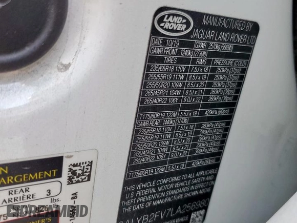 2020 Land Rover Range Rover Velar S with VIN SALYB2FV7LA256980, listed as a Copart auction lot 59130795 with Not provided miles and Salvage title. Bid and sale history available at DreamBid. Image 14.