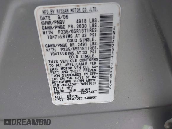 2007 Nissan Murano SL z VIN JN8AZ08T17W501600, wystawiony jako IAAI lot #42171145 z przebiegiem 161 302 mil mil oraz . Historia ofert i sprzedaży dostępna na DreamBid. Obrazek 9.