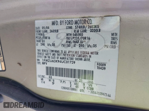 2004 Ford Explorer XLT z VIN 1FMZU63K94UC01739, wystawiony jako IAAI lot #42433985 z przebiegiem 276 349 mil mil oraz . Historia ofert i sprzedaży dostępna na DreamBid. Obrazek 9.