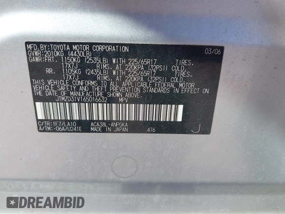 2006 Toyota RAV4 Limited with VIN JTMZD31V165016632, listed as a IAAI auction lot 42001630 with 123,532 mi miles and . Bid and sale history available at DreamBid. Image 9.