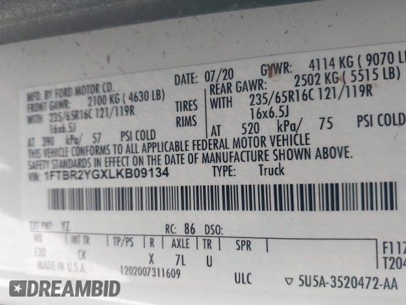 2020 Ford Transit Cargo with VIN 1FTBR2YGXLKB09134, listed as a IAAI auction lot 42117636 with 120,037 mi miles and . Bid and sale history available at DreamBid. Image 9.