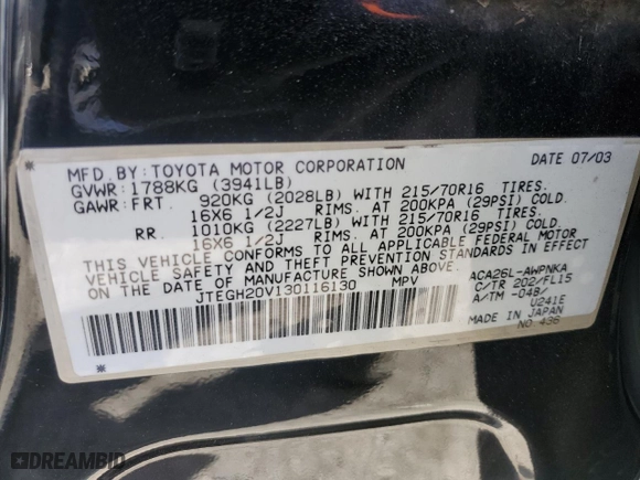 2003 Toyota RAV4 with VIN JTEGH20V130116130, listed as a Copart auction lot 72166634 with 148,717 mi miles and Salvage Title. Bid and sale history available at carsss.com. Image 12.