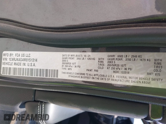 2021 Jeep Grand Cherokee Altitude with VIN 1C4RJKAG4M8151314, listed as a IAAI auction lot 42013203 with 42,951 mi miles and . Bid and sale history available at DreamBid. Image 9.