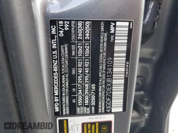 2018 Mercedes-Benz GLS 550 with VIN 4JGDF7DEXJB134109, listed as a Copart auction lot 56599125 with 62,280 mi miles and Salvage title. Bid and sale history available at DreamBid. Image 13.