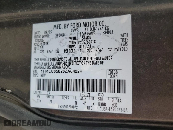 2006 Ford Explorer Limited z VIN 1FMEU65826ZA04224, wystawiony jako Copart lot #82591404 z przebiegiem 132 399 mil mil oraz Szkoda całkowita • Salvage title. Historia ofert i sprzedaży dostępna na DreamBid. Obrazek 14.