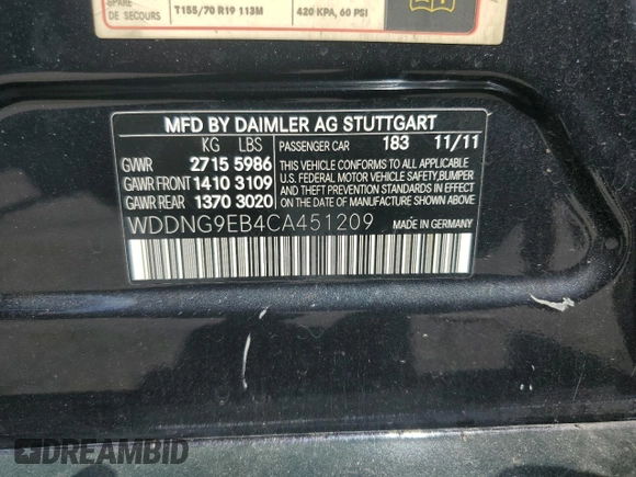 2012 Mercedes-Benz S 550 with VIN WDDNG9EB4CA451209, listed as a Copart auction lot 61836825 with 98,630 mi miles and Salvage title. Bid and sale history available at DreamBid. Image 12.