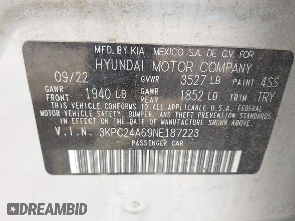 2022 Hyundai Accent SEL with VIN 3KPC24A69NE187223, listed as a IAAI auction lot 41786275 with 36,799 mi miles. Bid and sale history available at carsss.com. Image 9.