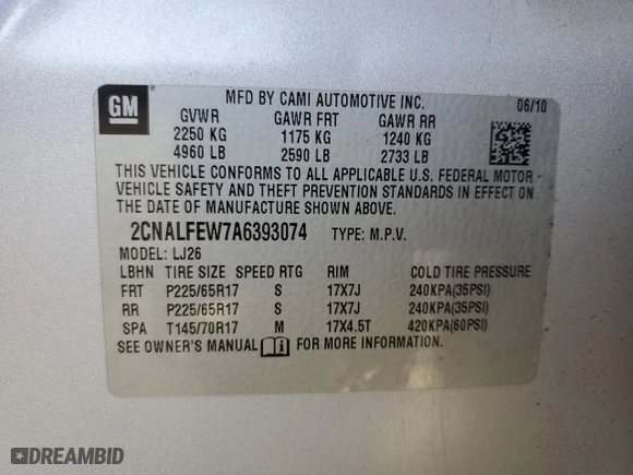 2010 Chevrolet Equinox LTZ with VIN 2CNALFEW7A6393074, listed as a Copart auction lot 42052925 with 152,107 mi miles and Clean Title. Bid and sale history available at carsss.com. Image 13.