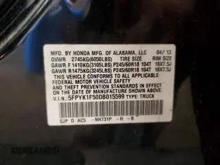 2013 Honda Ridgeline RTL with VIN 5FPYK1F50DB015599, listed as a Copart auction lot 50852074 with 159,411 mi miles and Salvage Title. Bid and sale history available at carsss.com. Image 12.