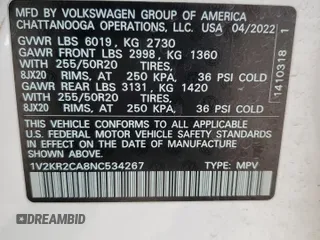 2022 Volkswagen Atlas SE z VIN 1V2KR2CA8NC534267, wystawiony jako Copart lot #52373235 z przebiegiem 50 349 mil mil oraz Szkoda całkowita • Salvage title. Historia ofert i sprzedaży dostępna na DreamBid. Obrazek 15.