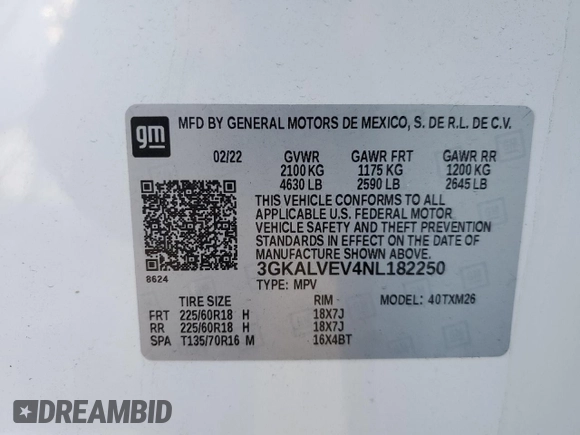 2022 GMC Terrain SLT with VIN 3GKALVEV4NL182250, listed as a Copart auction lot 43032445 with 23,602 mi miles and Salvage Title. Bid and sale history available at DreamBid. Image 13.
