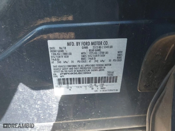 2018 Ford Edge Titanium with VIN 2FMPK4K90JBC39944, listed as a IAAI auction lot 41716036 with 87,675 mi miles. Bid and sale history available at carsss.com. Image 9.