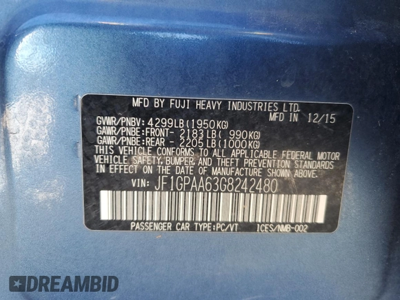 2016 Subaru Impreza 2.0i z VIN JF1GPAA63G8242480, wystawiony jako Copart lot #50347655 z przebiegiem 126 426 mil mil oraz Szkoda całkowita • Salvage title. Historia ofert i sprzedaży dostępna na DreamBid. Obrazek 12.